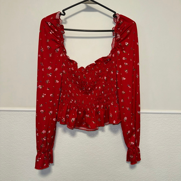 Women's Heart & Hips Floral Smocked Peplum Top Red/Pink Size Medium Boho - Picture 5 of 13